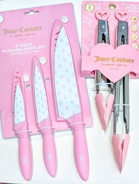 Juicy Couture 6pc Knife Sheath Set + 2pc Heart Top Kitchen Tongs